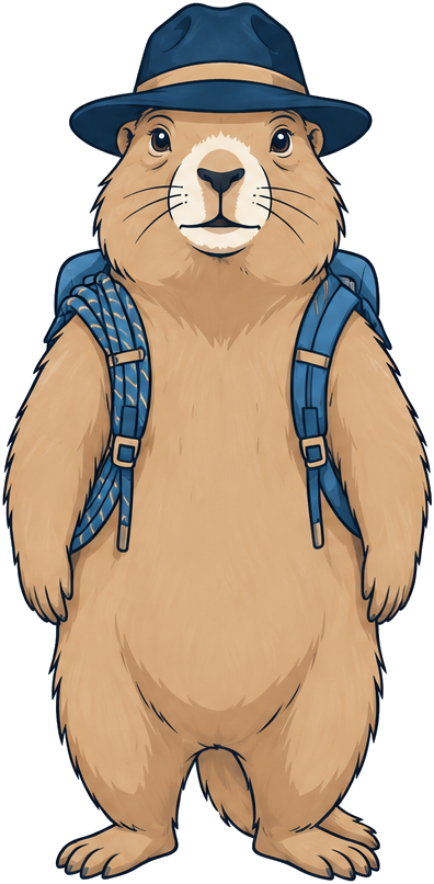 Phil, das Murmeltier, mit Hut und Rucksack
